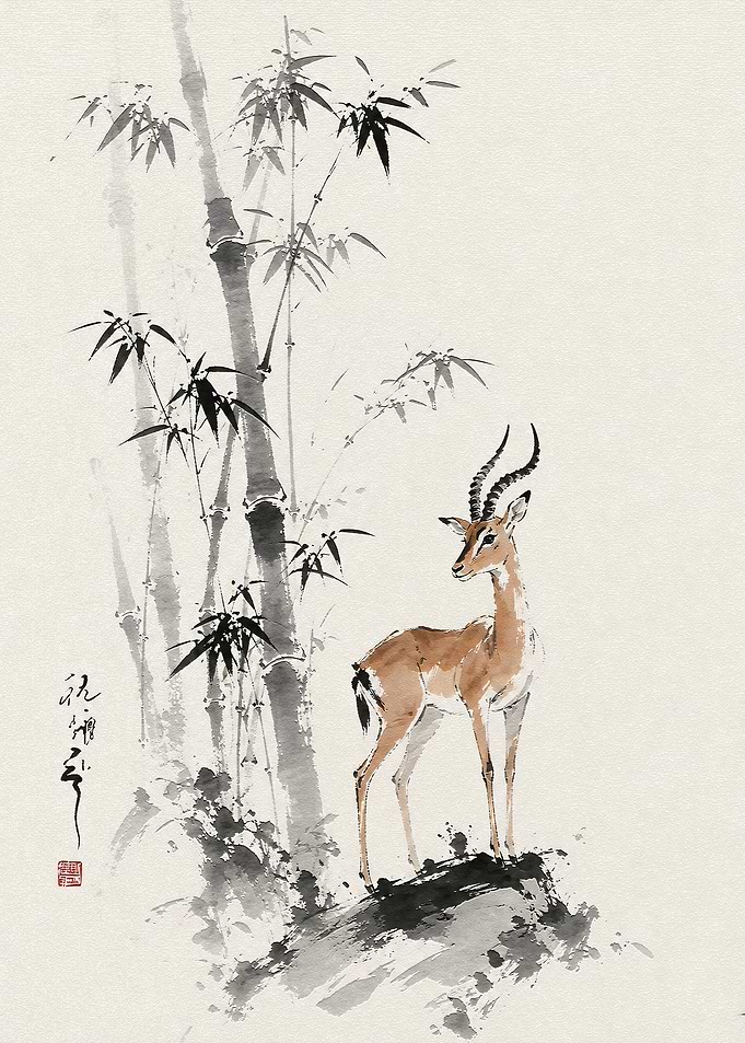 Gazelle in Bamboo Forest Ink Painting