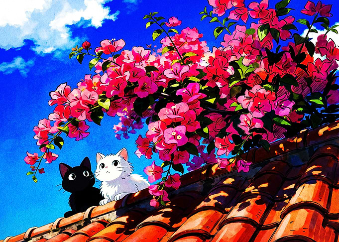 Cats on a Roof with Flowers