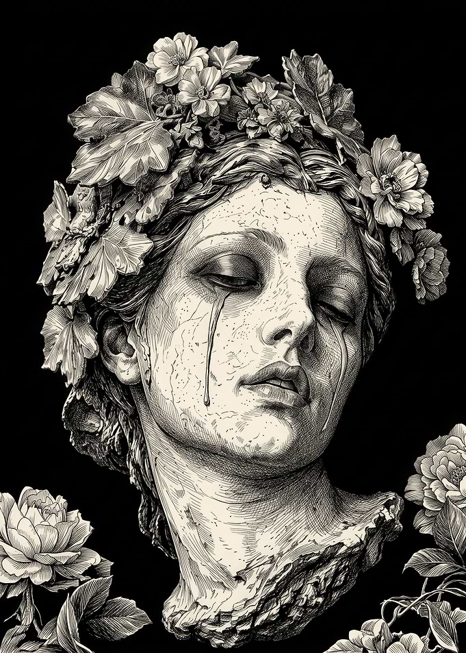 Crying Stone Statue with Floral Crown