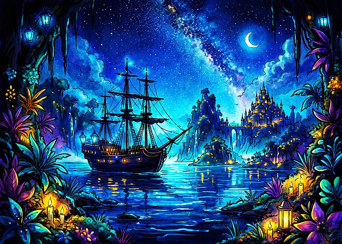 Magical Ship Sailing Under Starry Sky