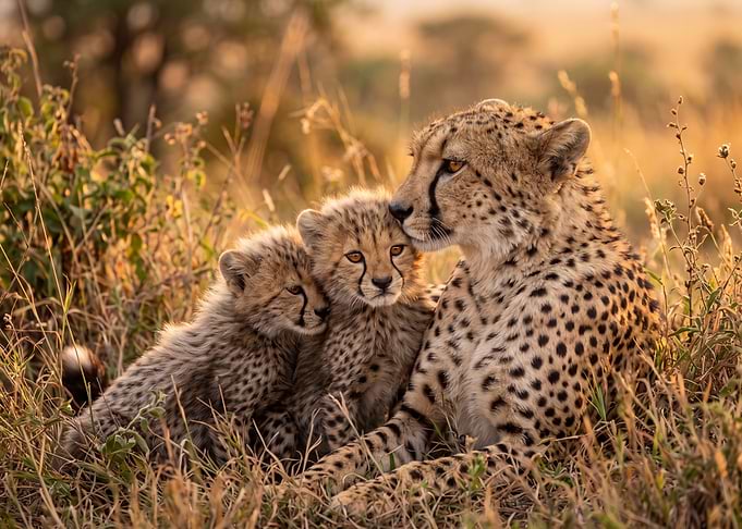 Cheetah Mother and Cubs in Grass
