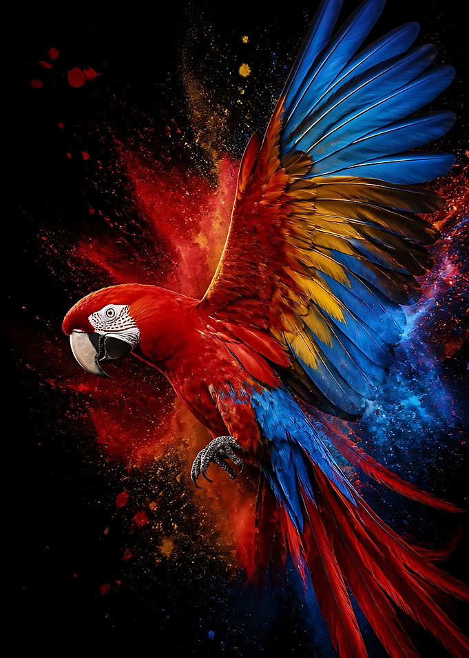 Vibrant Macaw in Colorful Powder Explosion