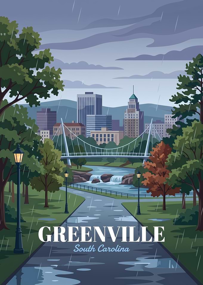 Greenville South Carolina Rainy Cityscape Poster