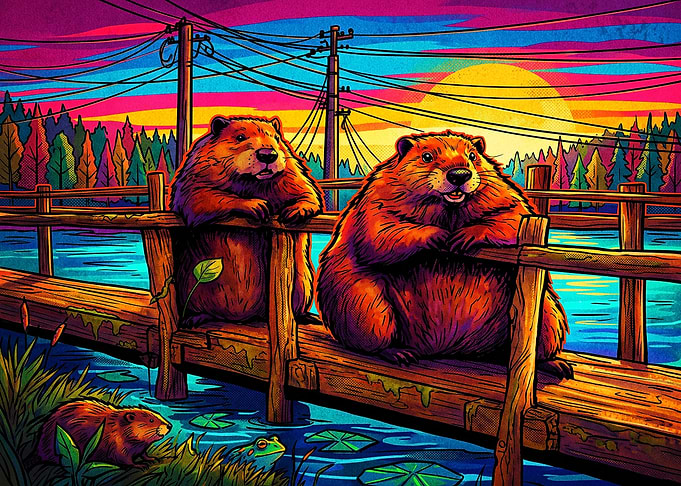 Colorful Beavers on a Wooden Bridge