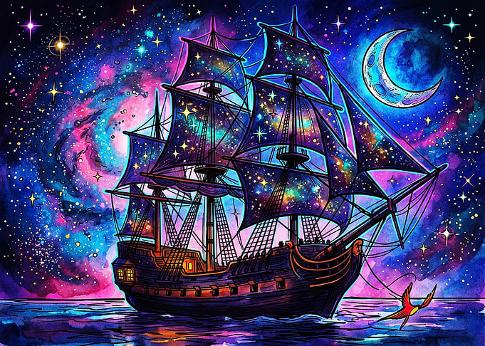 Cosmic Sailing Ship Under Crescent Moon