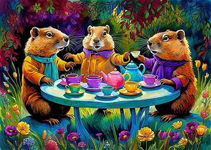 Three Groundhogs Having a Tea Party
