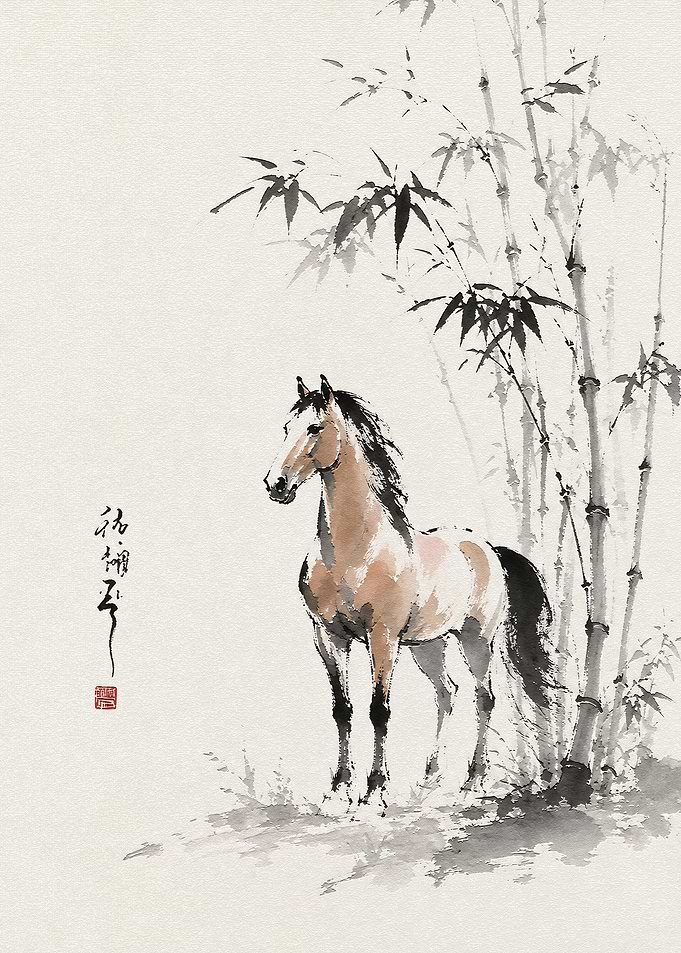 Traditional Ink Wash Horse and Bamboo