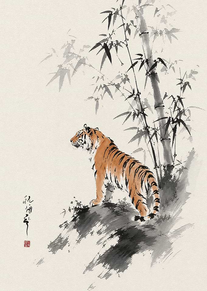 Tiger Standing by Bamboo Ink Painting