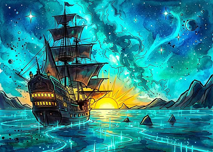 Galleon Sailing Through Magical Waters