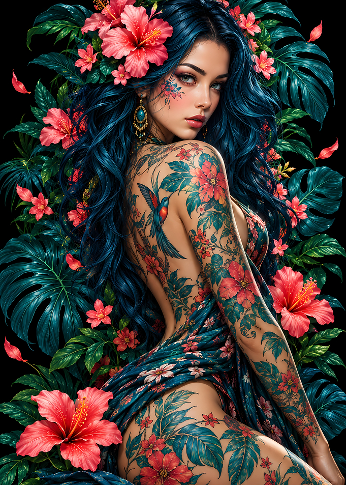 Woman with Floral Tattoos and Hibiscus