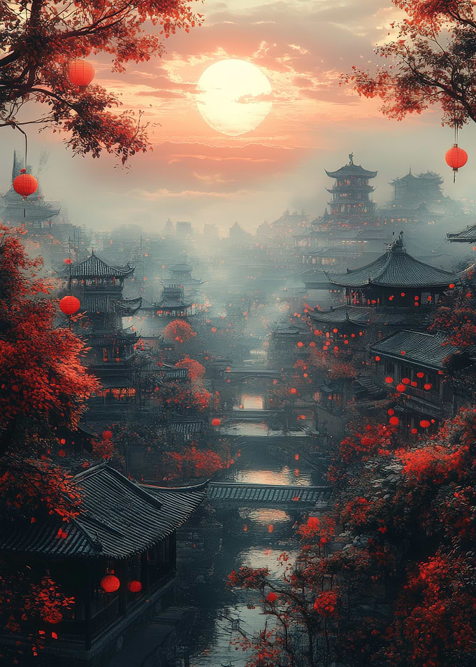 Ethereal Ancient Asian Village at Sunset