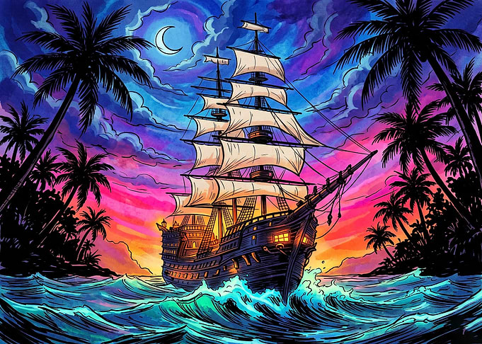 Vibrant Tropical Pirate Ship at Sunset