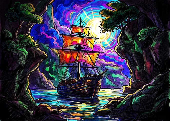 Psychedelic Sailing Ship in Cove