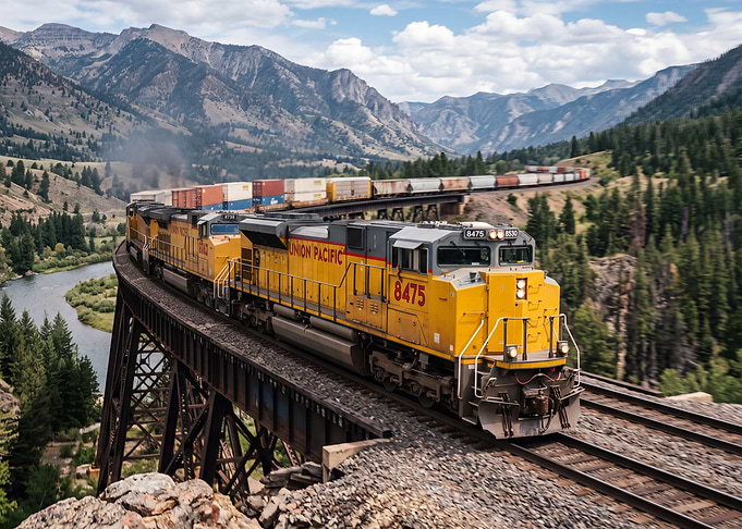 Union Pacific Train Crossing Mountain Trestle