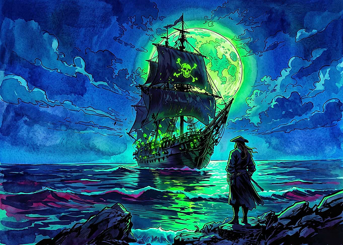 Ghost Pirate Ship Under Green Moon