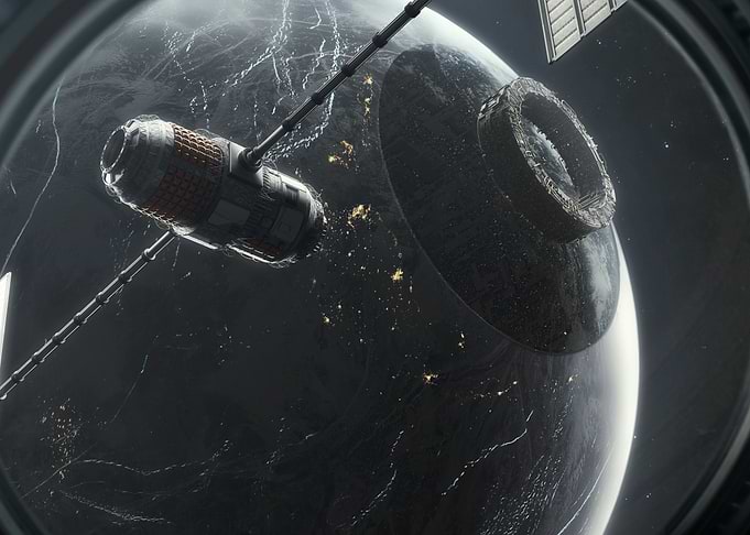 Space Station Orbiting Dark Planet