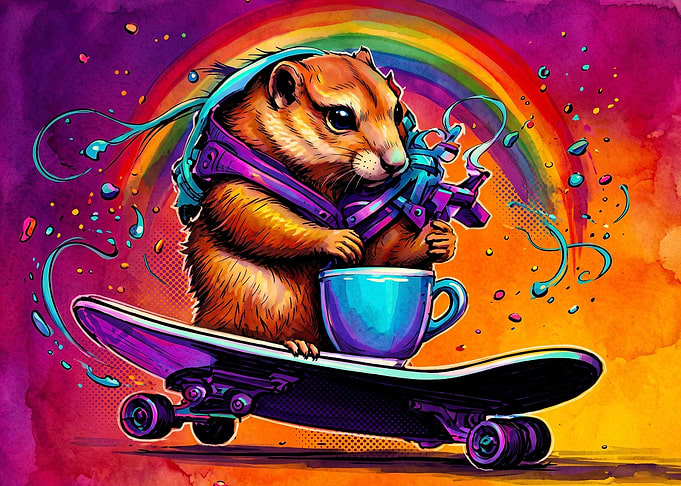 Cool Hamster Skateboarding with Coffee