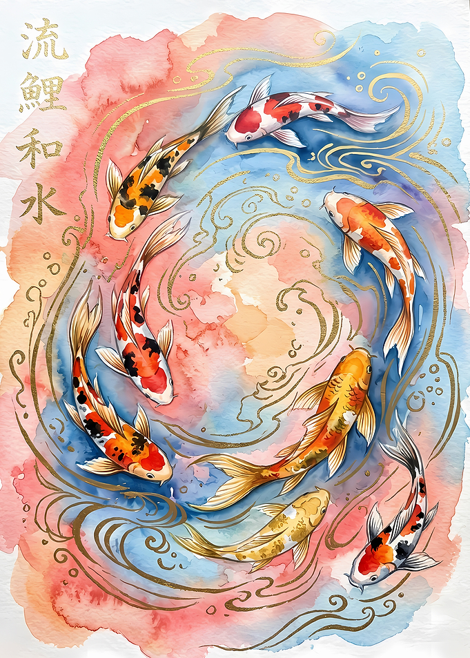 Watercolor Koi Fish Circular Composition