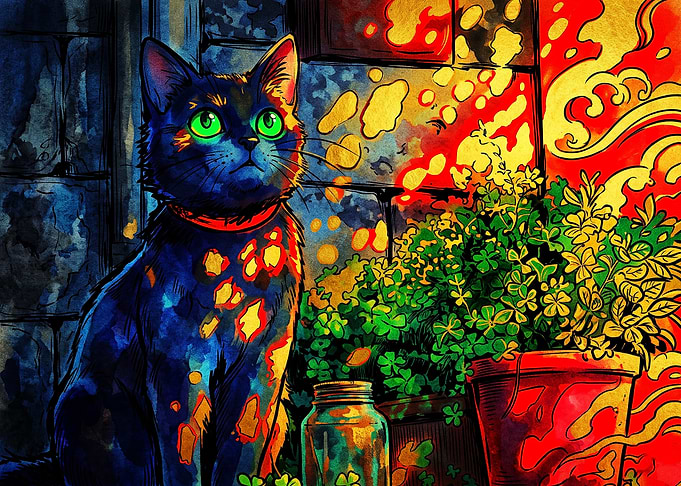 Vibrant Black Cat in Garden