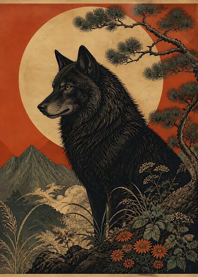 Black Wolf in Japanese Woodblock Style