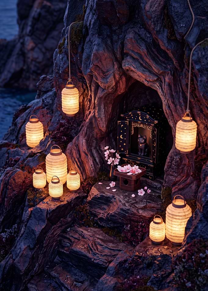 Magical Cat Shrine with Lanterns
