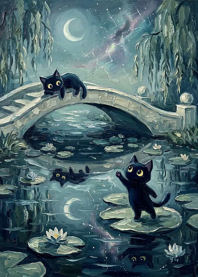 Black Cats at Night Pond