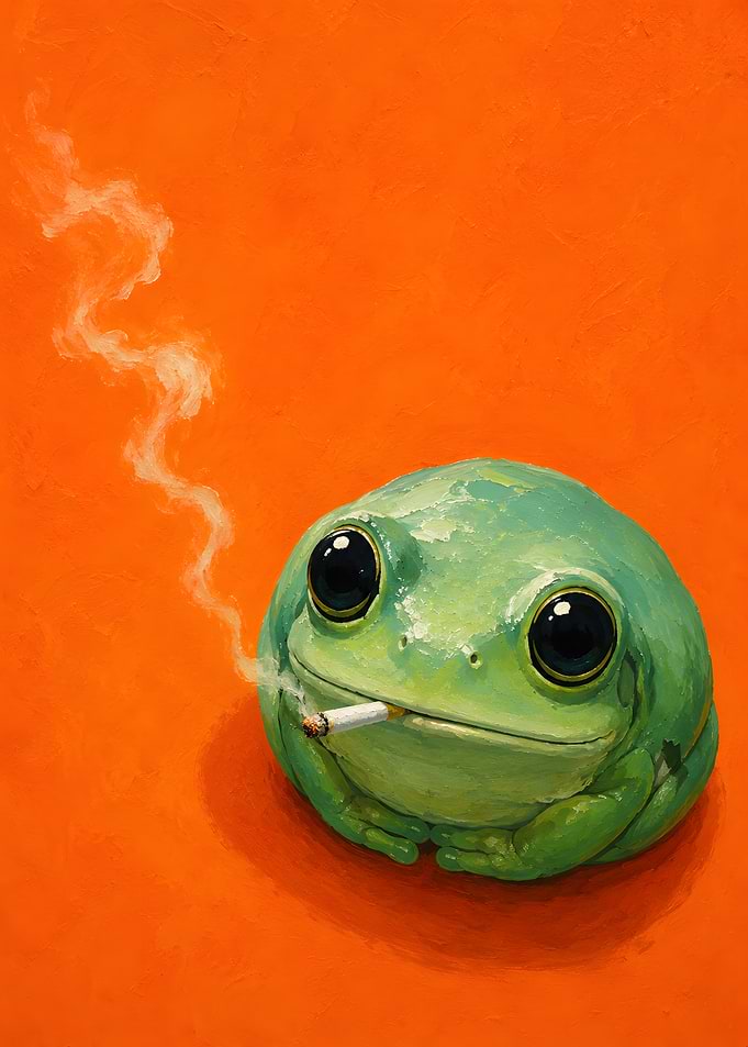 Smoking Green Frog on Orange Background
