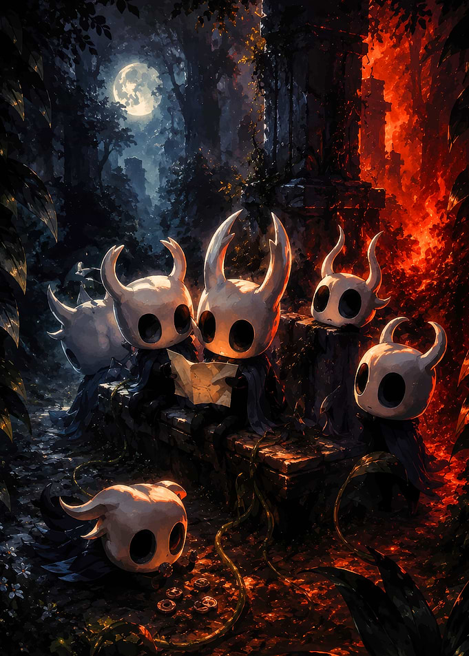 Hollow Knight characters resting in forest