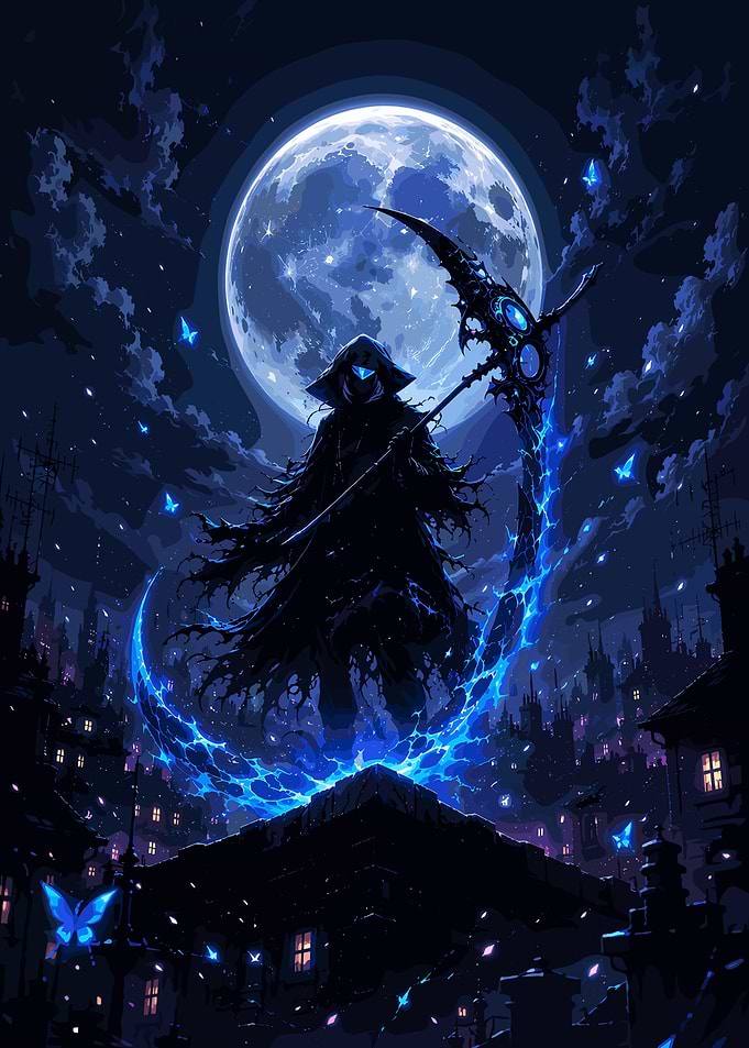 Grim Reaper with Glowing Blue Scythe