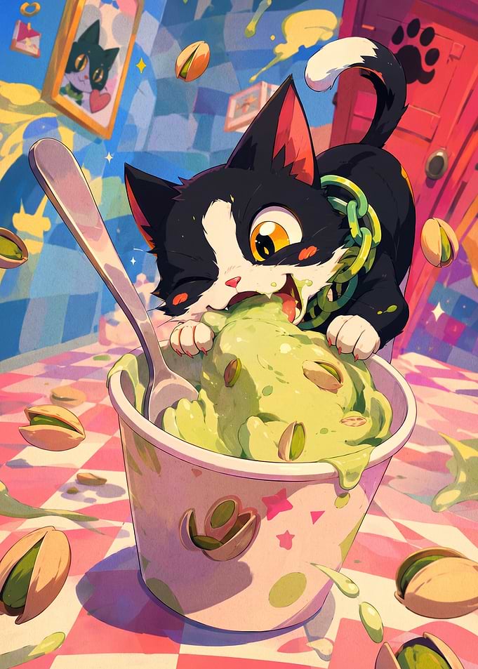 Cute Cat Eating Pistachio Ice Cream