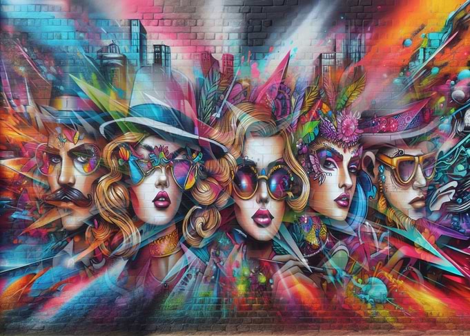 Colorful Graffiti Art Featuring Faces on a Wall.