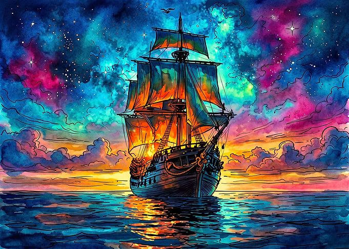Watercolor Galaxy Sailing Ship
