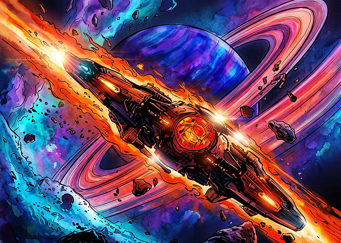 Spaceship Flying Through Asteroid Field