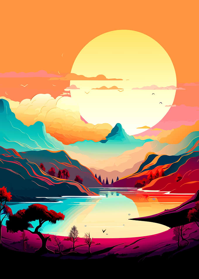 Vibrant Sunset Over Mountain Lake