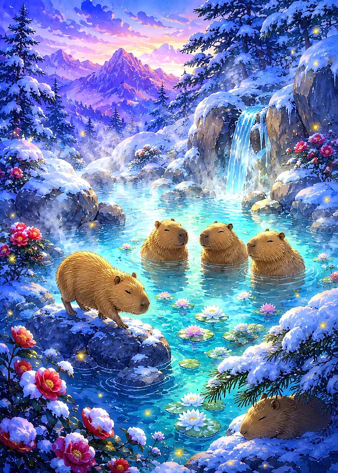 Capybaras Relaxing in Snowy Hot Spring
