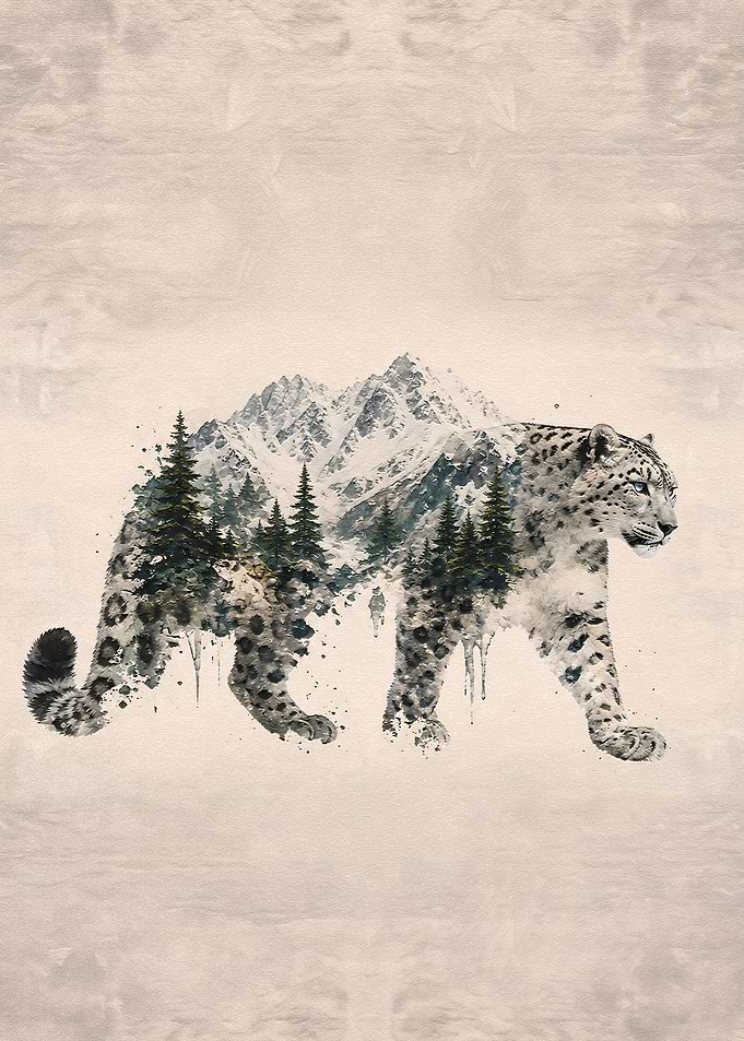 Double Exposure Snow Leopard Mountain Art