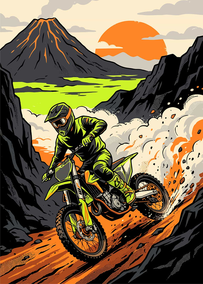 Motocross Rider Racing Near Volcano