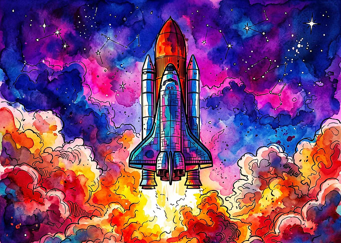 Watercolor Space Shuttle Launch Art