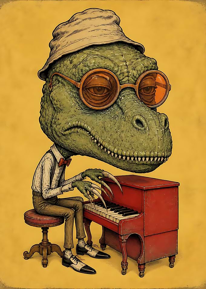 Dapper Dinosaur Playing Red Piano