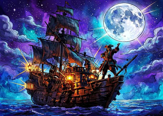 Pirate Captain on Ship Under Moon