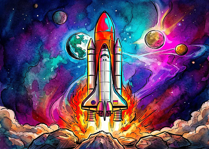 Watercolor Space Shuttle Launch Illustration
