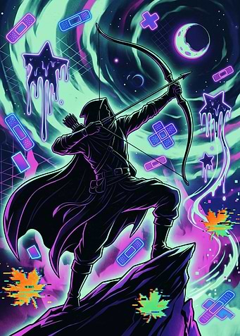Neon Archer Silhouette in Cosmic Void