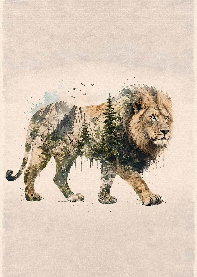 Double Exposure Lion Mountain Landscape Art