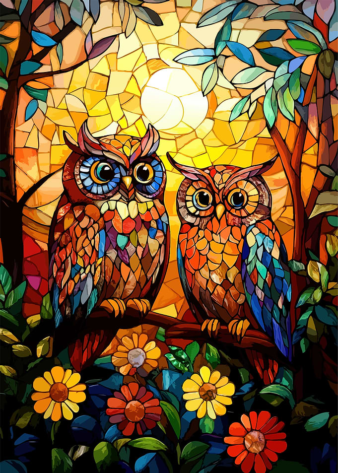 Stained Glass Owl Pair Illustration