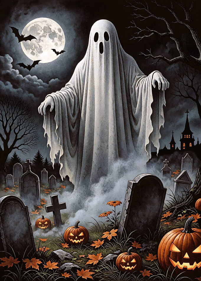 Spooky Ghost in Halloween Graveyard