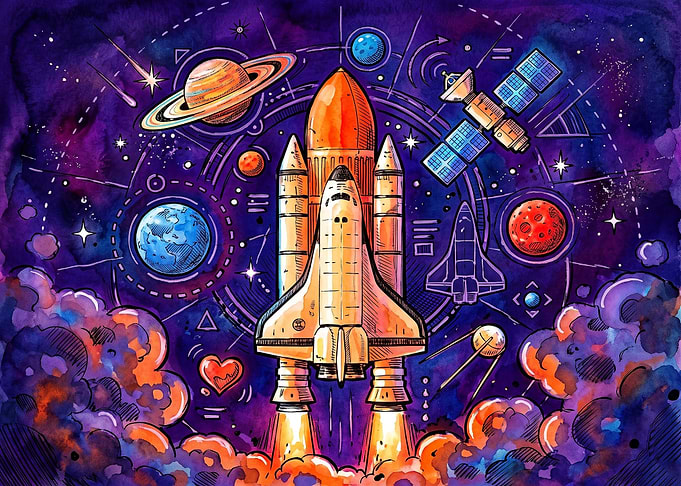 Vibrant Watercolor Space Shuttle Illustration