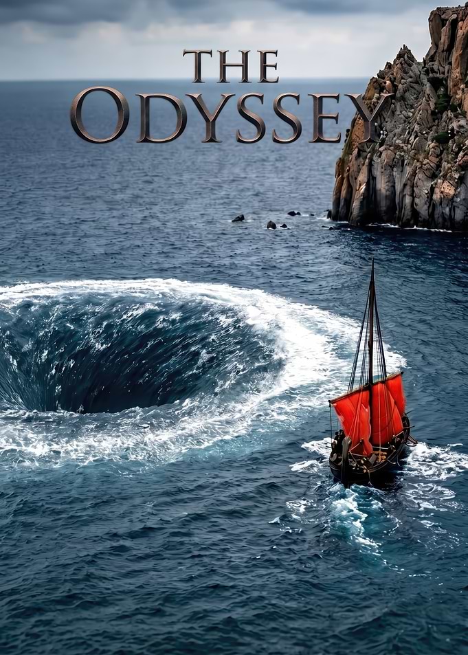 The Odyssey Charybdis Whirlpool and Red Sail Ship Cinematic Poster