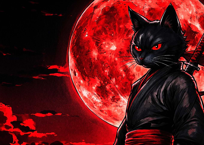Black Cat Ninja Under Red Moon