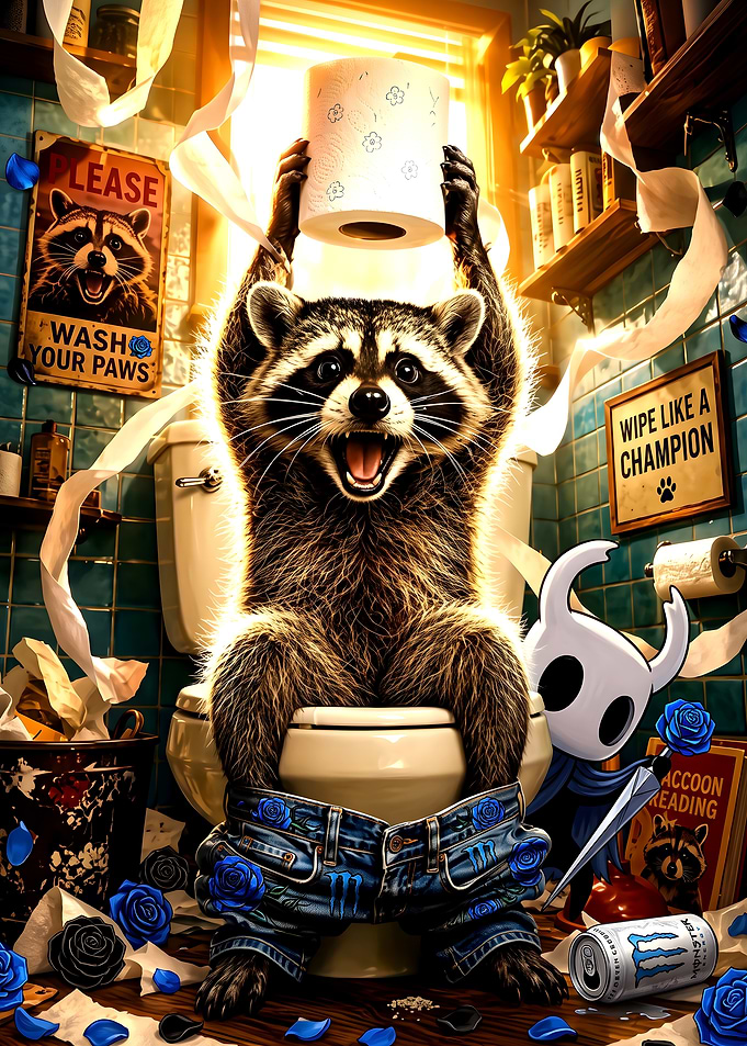 Funny Raccoon on Toilet with Hollow Knight