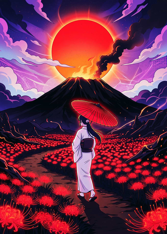 Woman in Kimono Before Volcanic Sunset